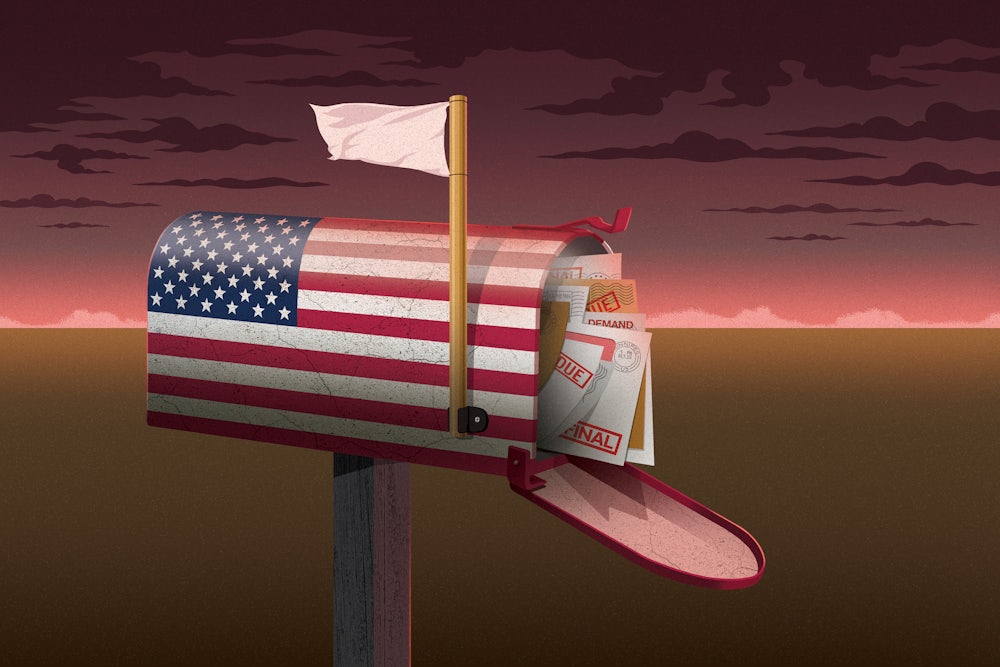 A mailbox with an American flag stuffed with overdue bills