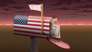A mailbox with an American flag stuffed with overdue bills