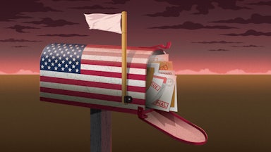 A mailbox with an American flag stuffed with overdue bills