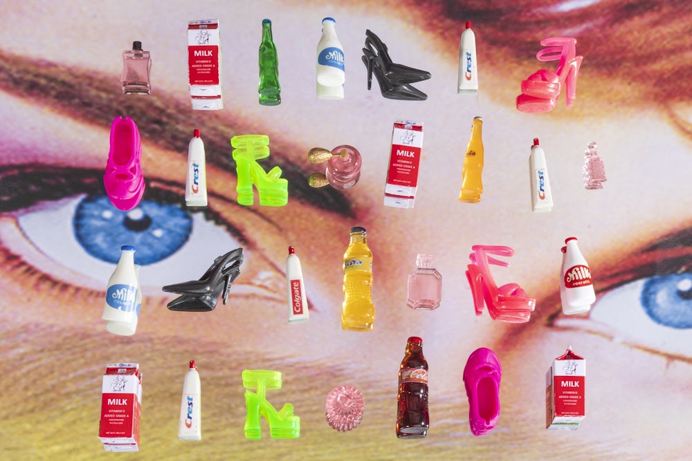 Photo illustration of a series of products positioned on a consumer's eyes coveting those products