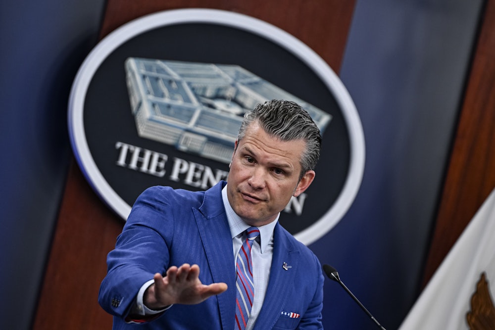 U.S. Defense Secretary Pete Hegseth in the Pentagon press briefing room.