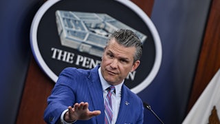 U.S. Defense Secretary Pete Hegseth in the Pentagon press briefing room.