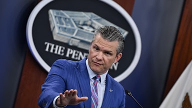 U.S. Defense Secretary Pete Hegseth in the Pentagon press briefing room.