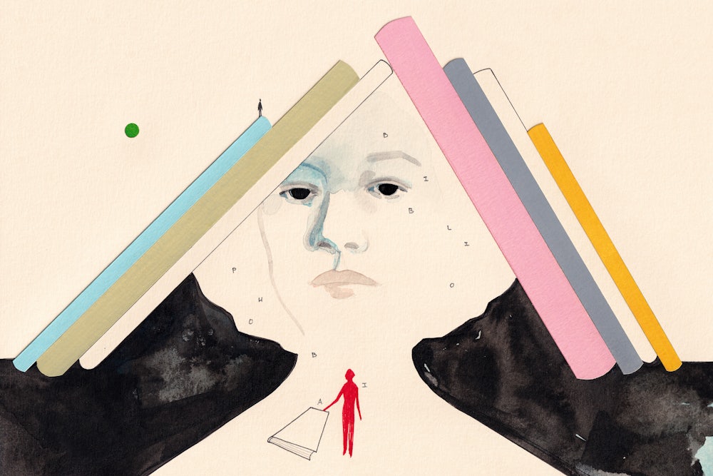 An illustration of the author Sarah Chihaya with books pressing against her head