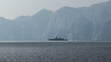 A navy vessel is seen sailing in the Strait of Hormuz