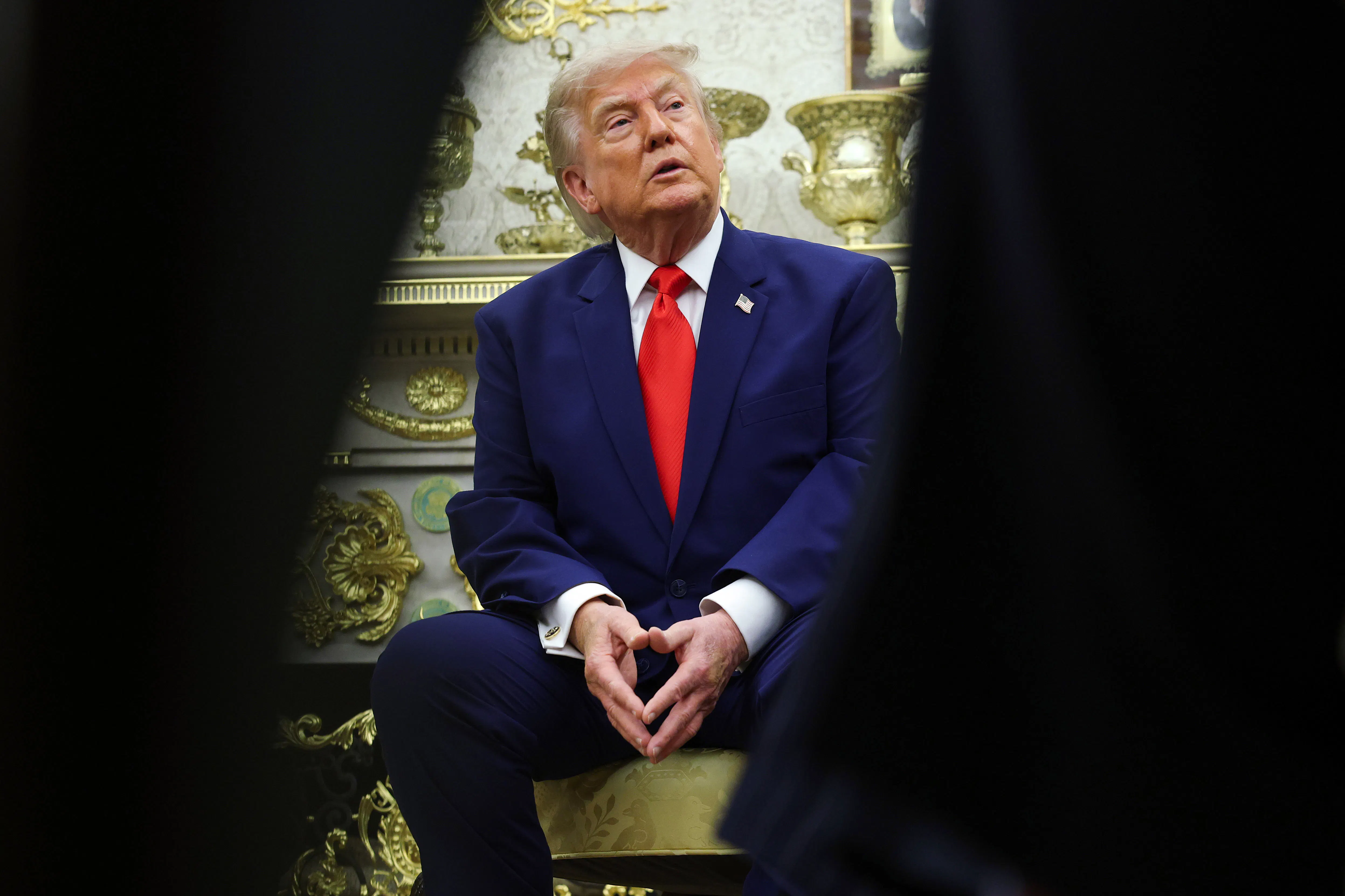 Donald Trump looks on during a bilateral meeting with President of Lebanon Joseph Aoun in the Oval Office of the White House.