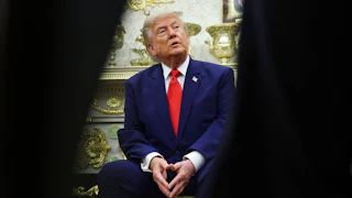 Donald Trump looks on during a bilateral meeting with President of Lebanon Joseph Aoun in the Oval Office of the White House.