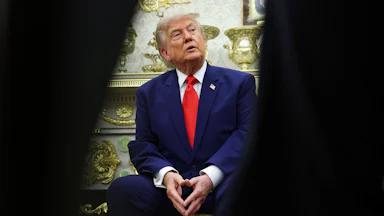 Donald Trump looks on during a bilateral meeting with President of Lebanon Joseph Aoun in the Oval Office of the White House.