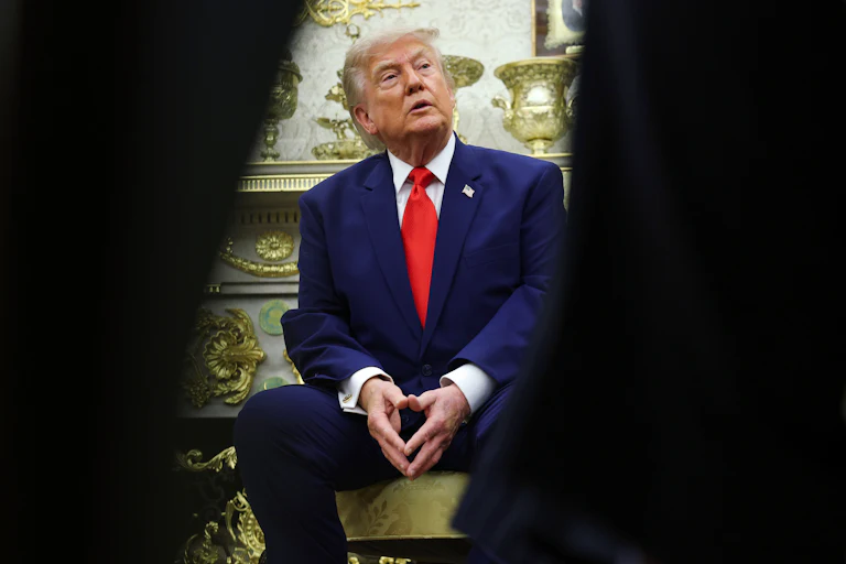 Donald Trump looks on during a bilateral meeting with President of Lebanon Joseph Aoun in the Oval Office of the White House.
