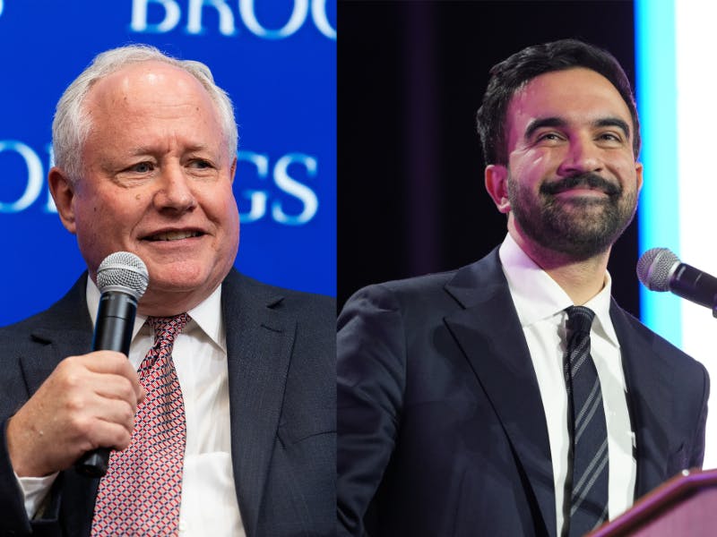 Splitscreen of Bill Kristol and Zohran Mamdani