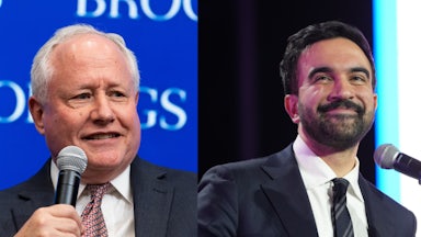 Splitscreen of Bill Kristol and Zohran Mamdani
