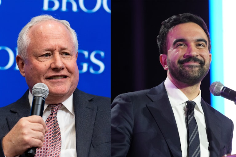 Splitscreen of Bill Kristol and Zohran Mamdani