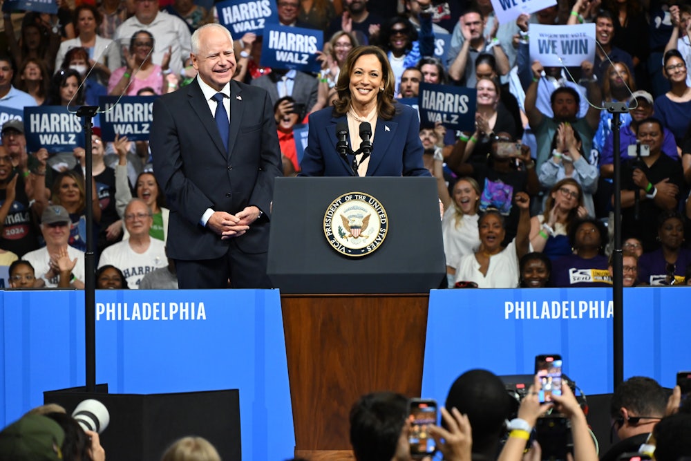 Vice President Kamala Harris and her running mate, Minnesota Governor Tim Walz, at a campaign rally in Philadelphia on August 6.