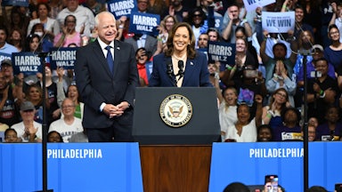 Vice President Kamala Harris and her running mate, Minnesota Governor Tim Walz, at a campaign rally in Philadelphia on August 6.