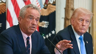 Health Secretary Robert F. Kennedy Jr. gestures and speaks during a Cabinet meeting while sitting next to Donald Trump