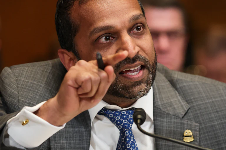 FBI Director Kash Patel points while speaking during a Senate subcommittee hearing