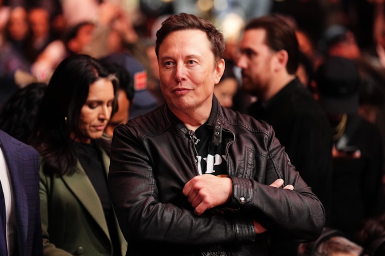 Elon Musk stands with his arms crossed at a UFC match