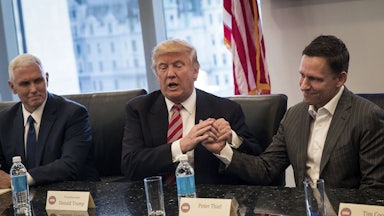 Peter Thiel shares a handshake with President Donald Trump as Vice President Mike Pence looks on.