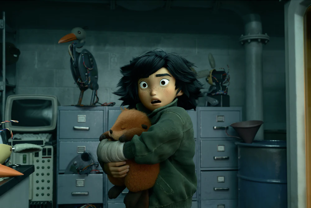 A person wraps her arms around a small, furry animal, while standing in a dark interior surrounded by file cabinets and old m