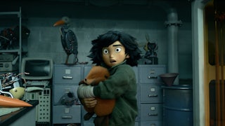 A person wraps her arms around a small, furry animal, while standing in a dark interior surrounded by file cabinets and old m