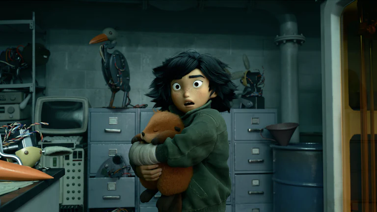 A person wraps her arms around a small, furry animal, while standing in a dark interior surrounded by file cabinets and old m