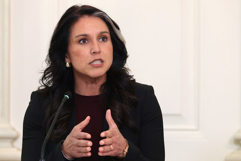Director of National Intelligence Tulsi Gabbard gestures and speaks