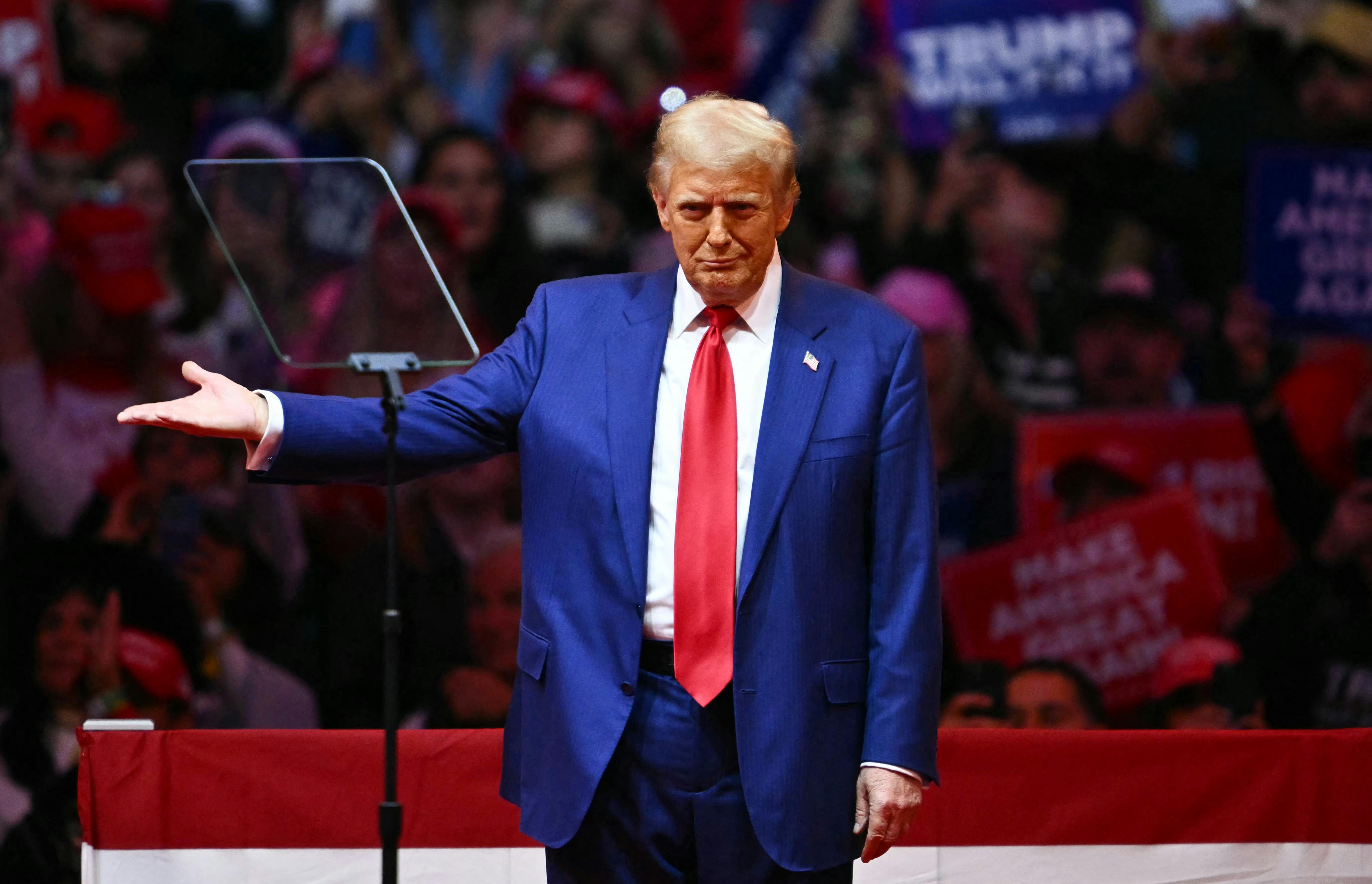 Donald Trump gestures after speaking at a campaign rally at Madison Square Garden in New York. 