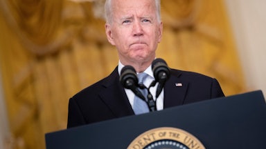 Joe Biden frowns at a press conference on the withdrawal of American troops from Afghanistan.