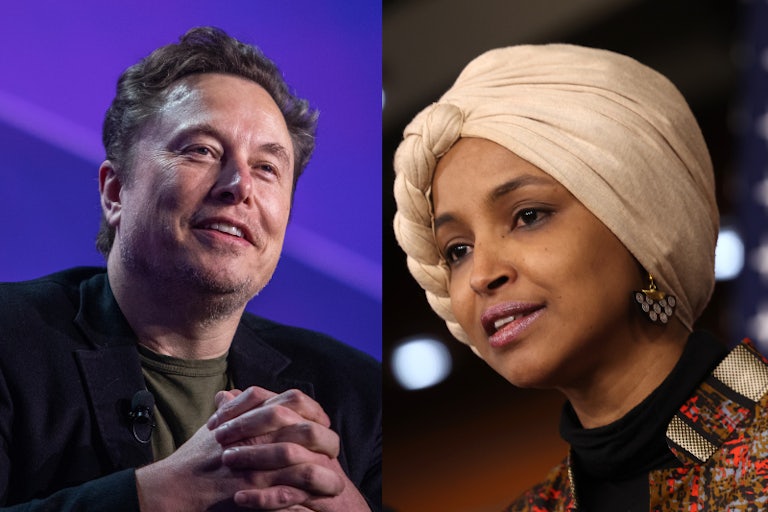Splitscreen of Elon Musk and Ilhan Omar