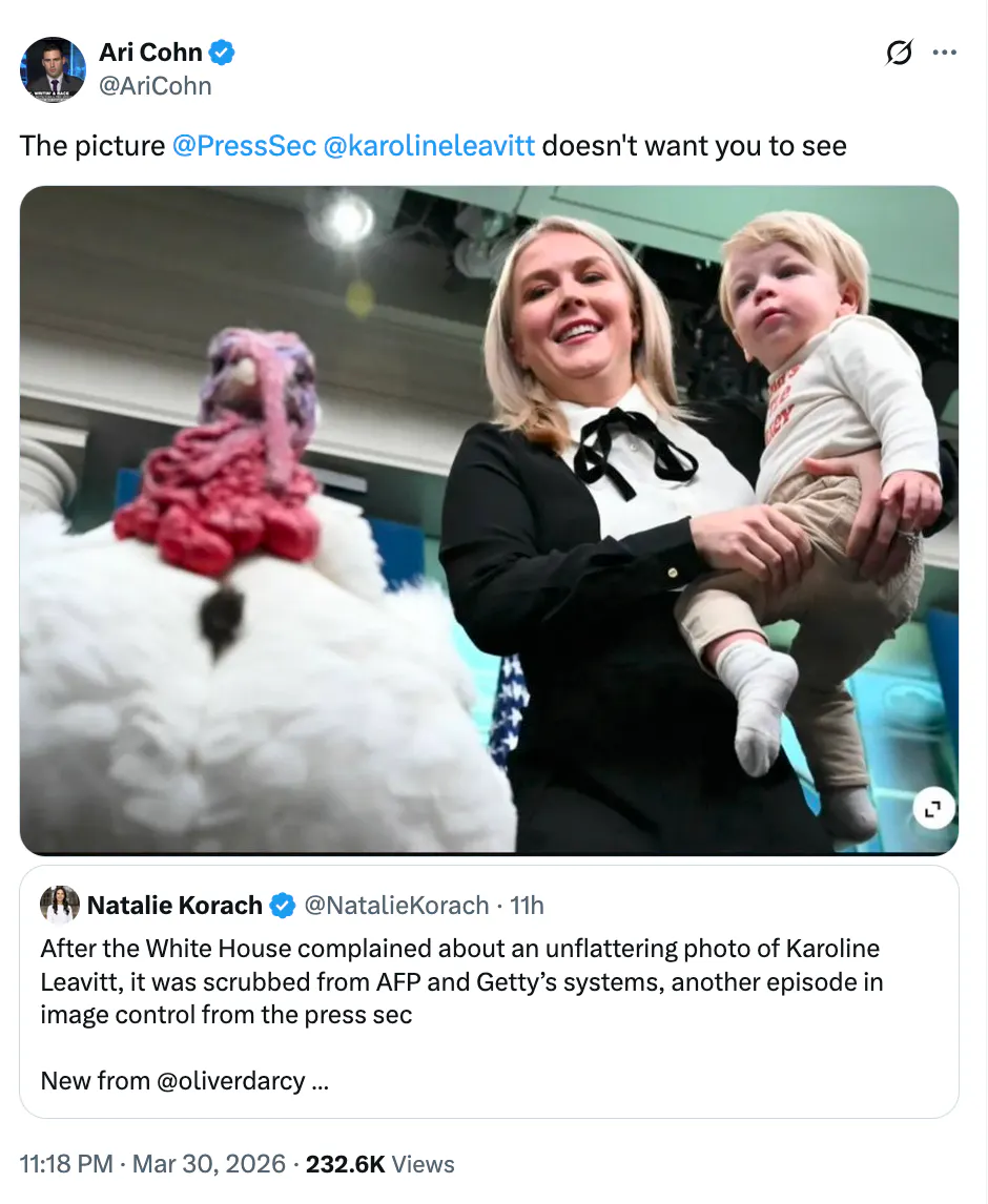 X screenshot Ari Cohn @AriCohn The picture @PressSec @karolineleavitt doesn't want you to see