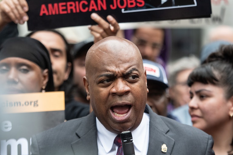 Newark, New Jersey, Mayor Ras Baraka speaks to reporters and supporters outside a courthouse
