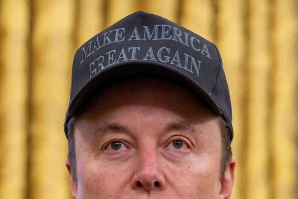 Elon Musk wears a black Make America Great Again cap. The bottom half of his face is cut off in the photo.