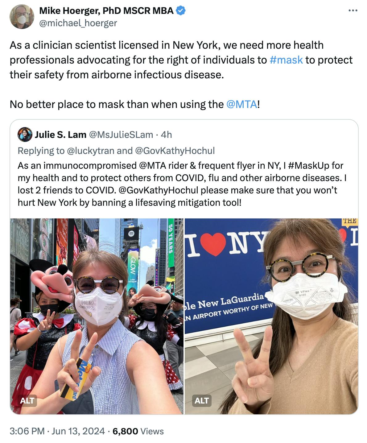 Tweet screenshot Mike Hoerger, PhD MSCR MBA: As a clinician scientist licensed in New York, we need more health professionals advocating for the right of individuals to #mask to protect their safety from airborne infectious disease. No better place to mask than when using the @MTA !