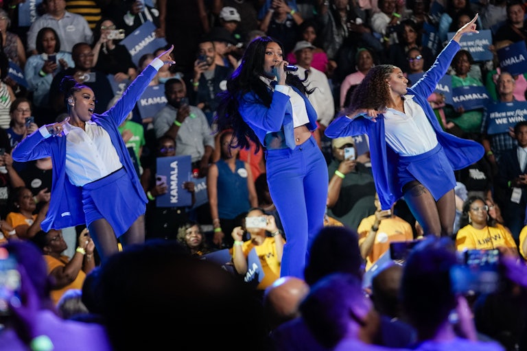 Rapper Megan Thee Stallion performs at a Kamala Harris rally