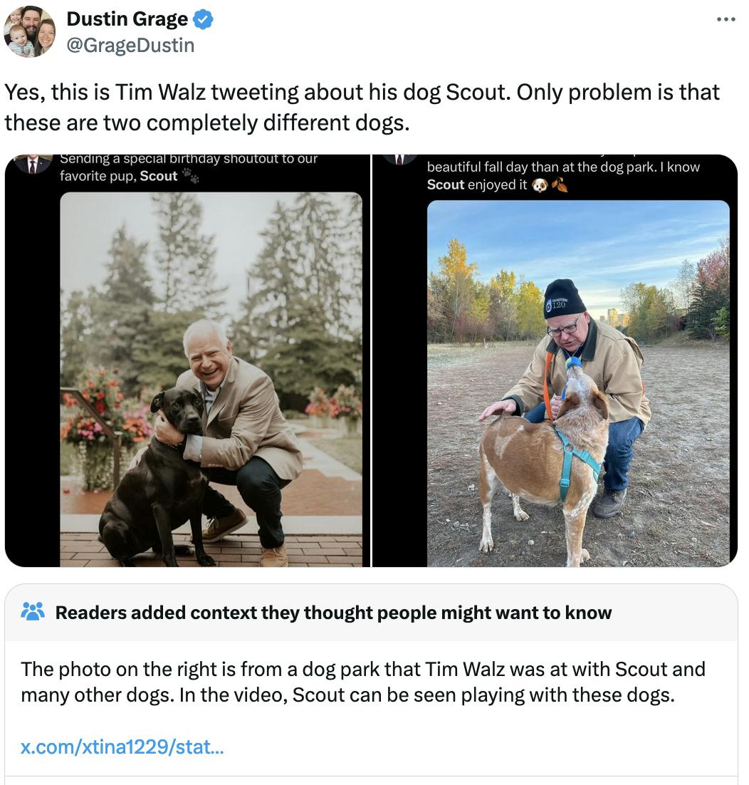 Twitter screenshot Dustin Grage @GrageDustin: Yes, this is Tim Walz tweeting about his dog Scout. Only problem is that these are two completely different dogs. (with side by side of Walz and two different dogs)