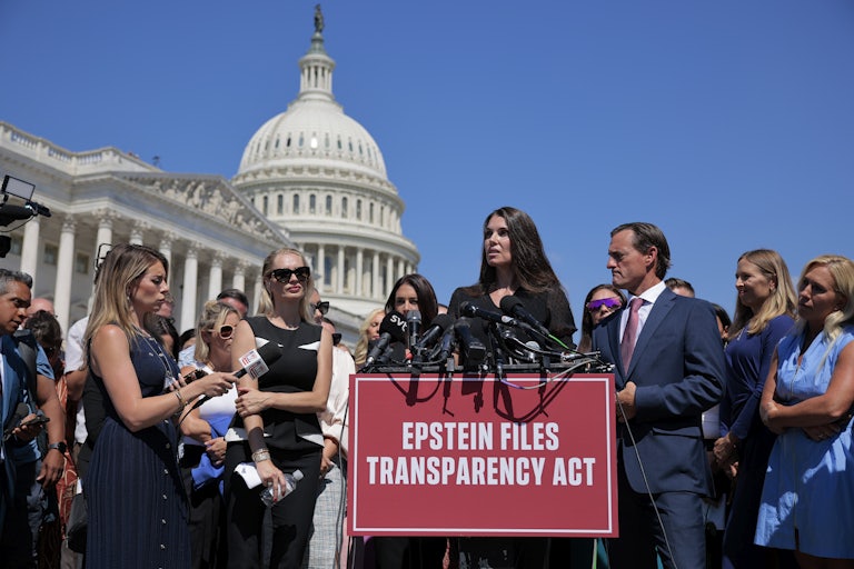 Teresa Helm speaks during a news conference with fellow alleged victims of disgraced financier and sex trafficker Jeffrey Epstein outside the Capitol.