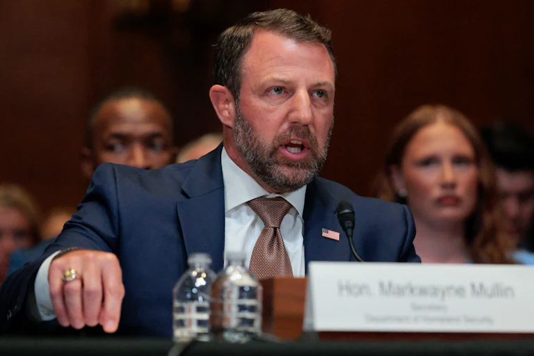 Department of Homeland Security Secretary Markwayne Mullin speaks during a Senate subcommittee hearing