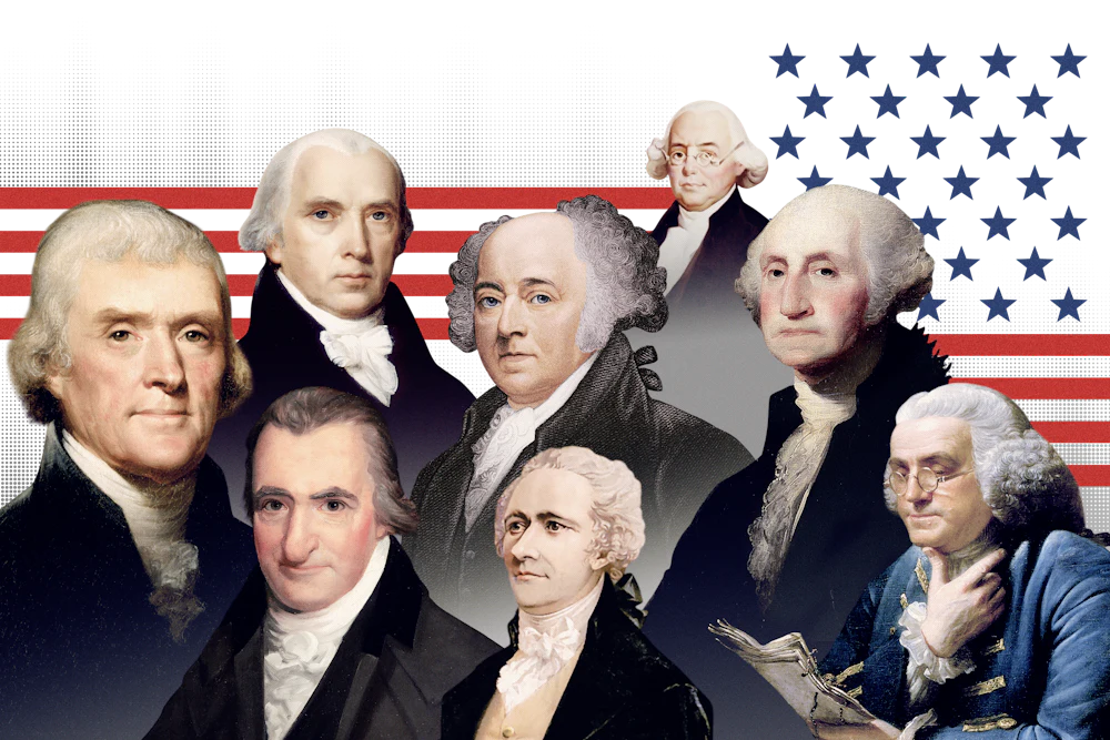 Historical illustrations depicting founding fathers including Jefferson, Madison, Adams, Wilson, Washington, Franklin. Hamilton, Paine