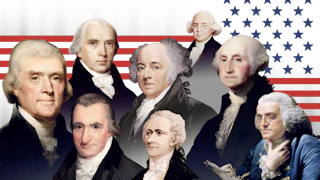 Historical illustrations depicting founding fathers including Jefferson, Madison, Adams, Wilson, Washington, Franklin. Hamilton, Paine
