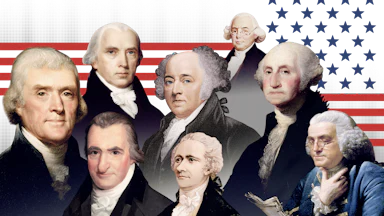 Historical illustrations depicting founding fathers including Jefferson, Madison, Adams, Wilson, Washington, Franklin. Hamilton, Paine