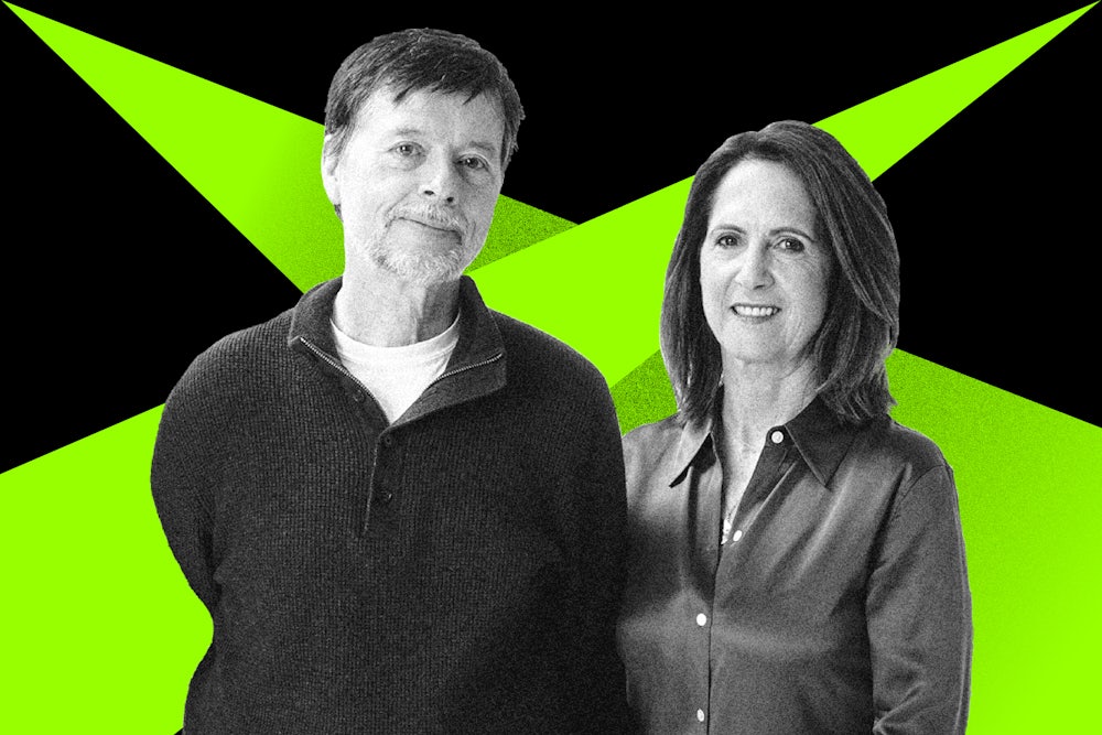 Ken Burns and Lynn Novick stand against a black and green backdrop.