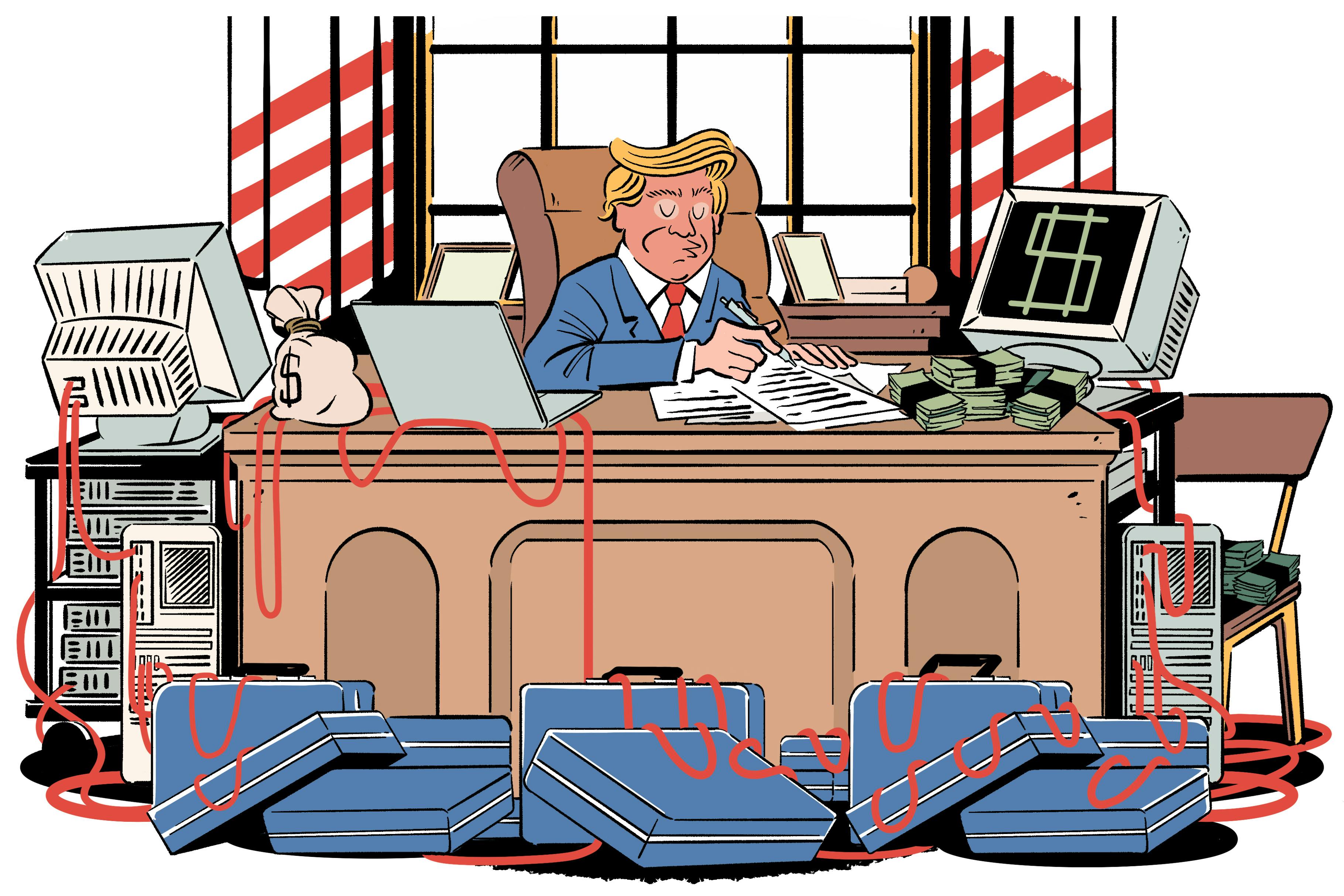 Donald Trump sitting behind his desk in the Oval Office, surrounded by briefcases of cash and monitors that indicate crypto earnings