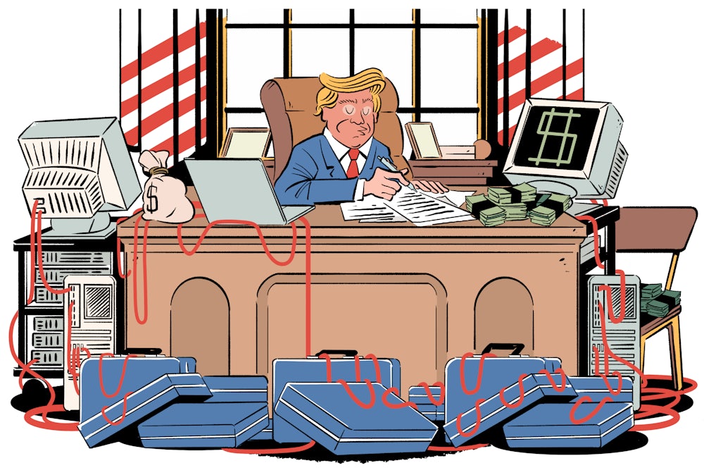 Donald Trump sitting behind his desk in the Oval Office, surrounded by briefcases of cash and monitors that indicate crypto earnings