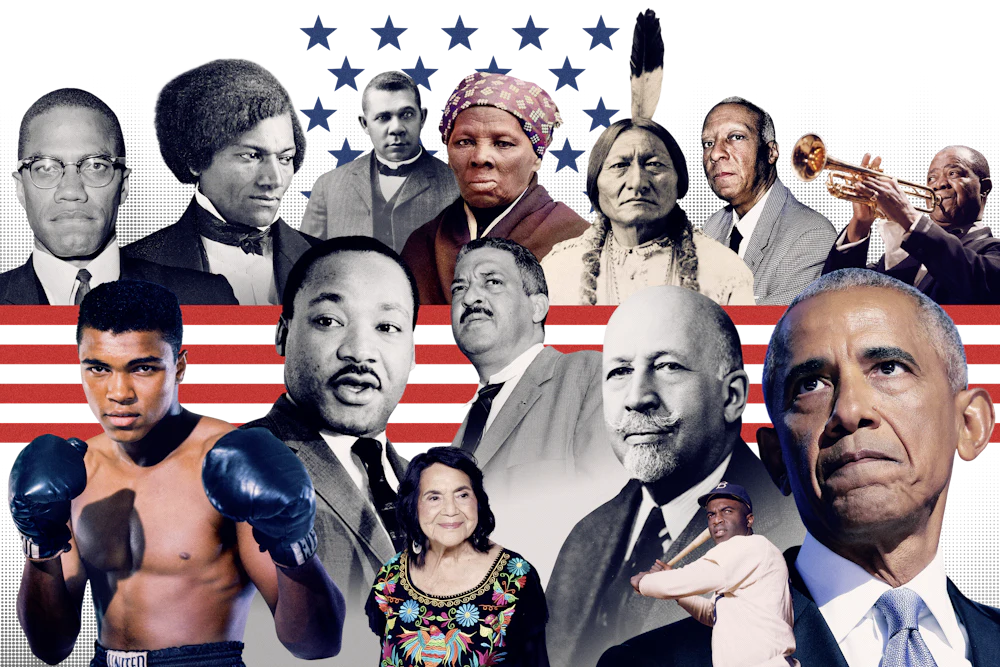 A collage of photographs of activists, orators, athletes, and lawmakers considered to be the most important people of color in American history including Malcolm X, Douglass, Washington, Tubman, Sitting Bull, Randolph, Armstrong, Obama, Robinson, Du Bois, Marshall, Huerta, King, Ali
