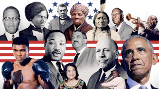 A collage of photographs of activists, orators, athletes, and lawmakers considered to be the most important people of color in American history including Malcolm X, Douglass, Washington, Tubman, Sitting Bull, Randolph, Armstrong, Obama, Robinson, Du Bois, Marshall, Huerta, King, Ali