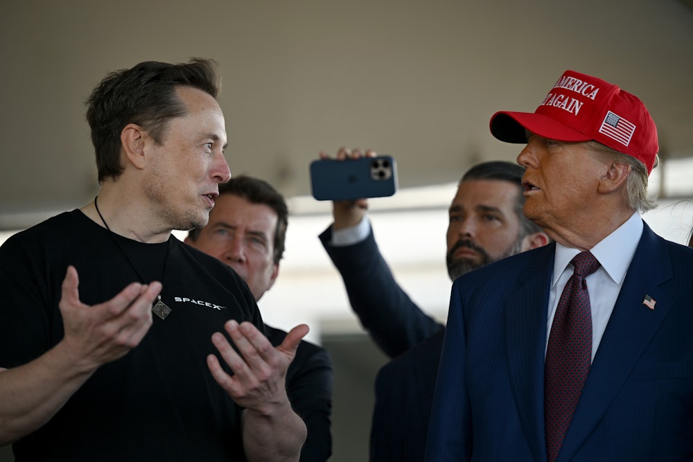 Elon Musk speaks with U.S. President-elect Donald Trump at a viewing of the launch of the sixth test flight of the SpaceX Starship rocket.
