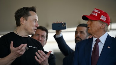 Elon Musk speaks with U.S. President-elect Donald Trump at a viewing of the launch of the sixth test flight of the SpaceX Starship rocket.