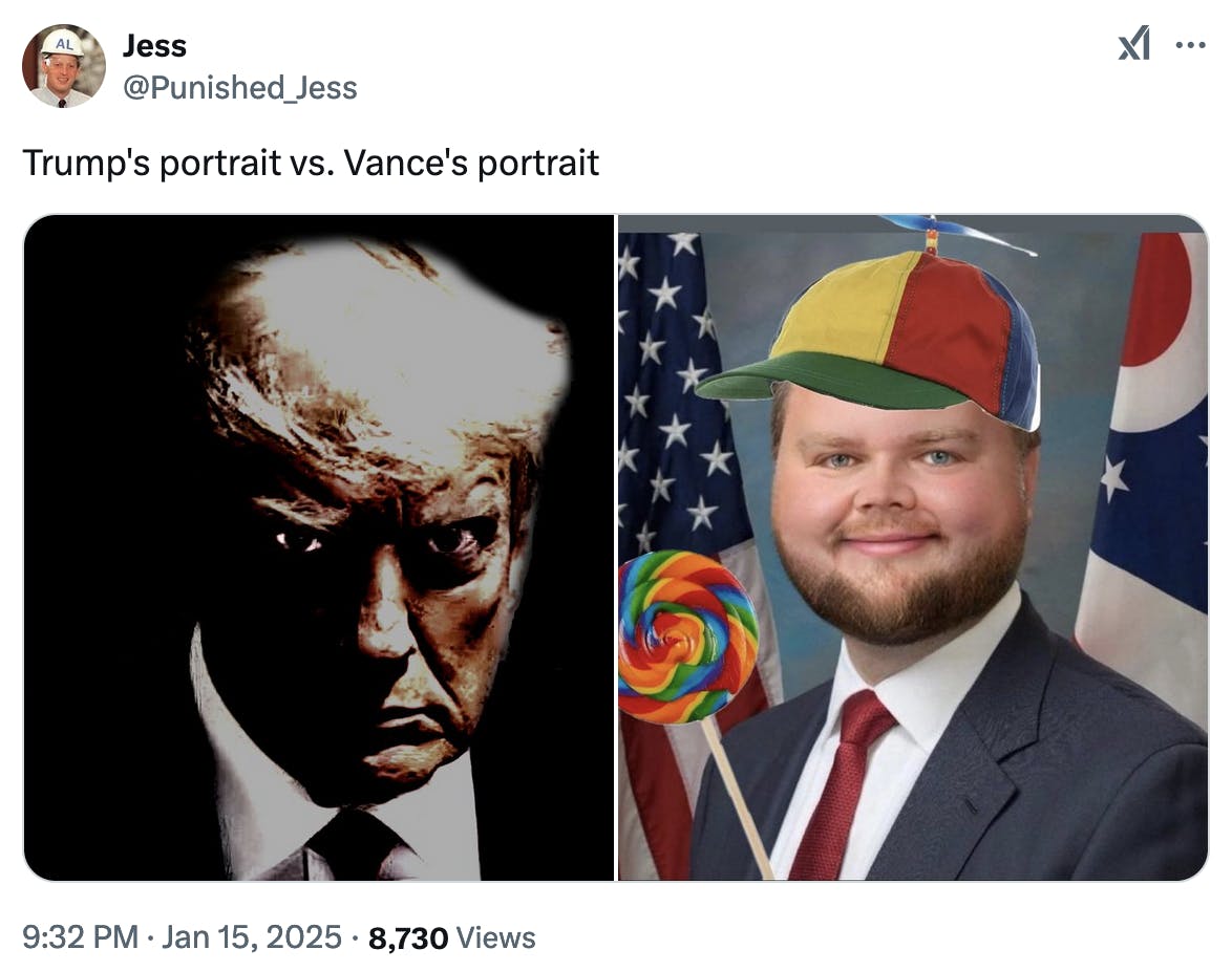 X screenshot Jess @Punished_Jess: Trump's portrait vs. Vance's portrait side-by-side of Trump's portrait looking evil; Vance looking like a boy with a spinning hat on his head and a giant lollipop in his hand