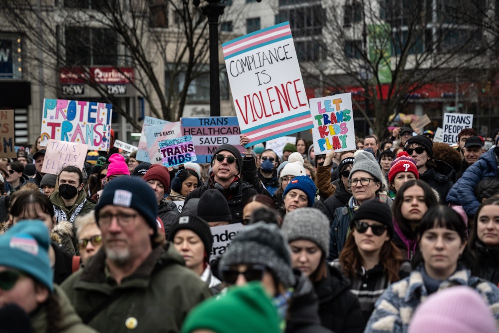Demonstrators hold signs reading "Compliance Is Violence" and "Protect Trans Kids."