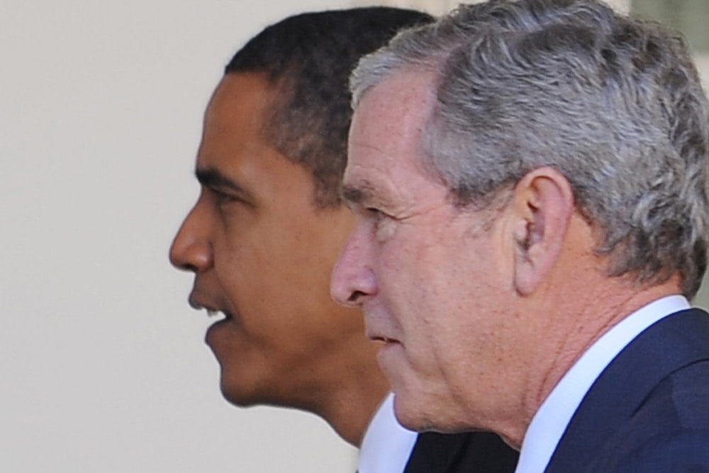 President George W. Bush with then-president-elect Barack Obama on November 10, 2008 at the White House